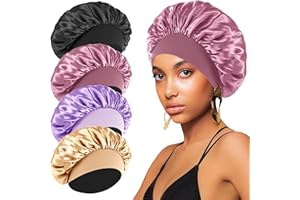 FIRSTPELLA 4PCS Silk Bonnet for Sleeping,Hair Wrap Satin Bonnets Shower Cap for Black Women Men, Elastic Wide Band Bonnet Cap for Sleeping Curly Hair(Black & Bean Paste Pink & Purple & Brown)