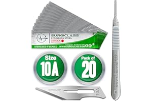 SURGICLASS Skalpellklingen Figur 10A aus Edelstahl 20 Stück steril + Skalpell-Halter - Edelstahl Perfekt für Holzkunst, Chirurgie, Bildhauerei, Laboranatomie, Kartenherstellung, Labortraining SURGIGR10A-20