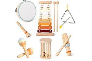 BASAMOU Instrumentos Musicales Infantiles Juguetes Montessori Niños 1-5 Años, 7 in 1 Tambor de Madera Bebe Juegos Montessori Instrumentos de Percusión, Niña Regalos Cumpleaños Navidad Reyes Magos