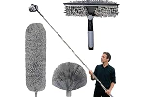 QUAZARPYON Plumeau Telescopique 6m, Tete De Loup Telescopique avec Extension RéGlable 1.5-6m, Balai AraignéE Tete De Loup Telescopique, Raclette De FenêTre, TêTe De Plumeau en Chenille pour Plafonds, Stores