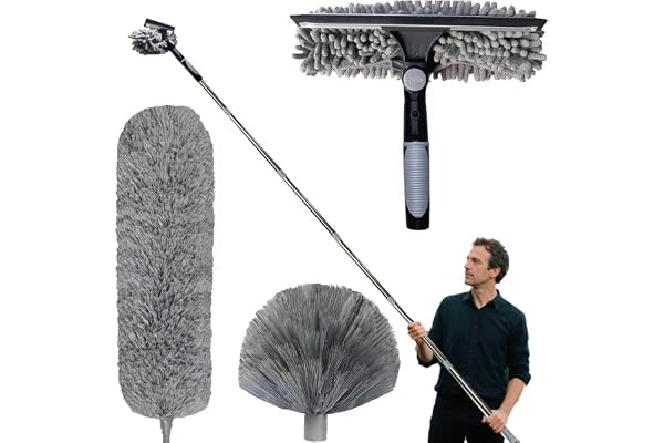 Plumeau Telescopique 6m, Tete De Loup Telescopique avec Extension RéGlable 1.5-6m, Balai AraignéE Tete De Loup Telescopique, Raclette De FenêTre, TêTe De Plumeau en Chenille pour Plafonds, Stores