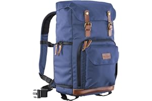 Mantona Luis Retro Zaino fotografico blu, per fotocamera con copertura antipioggia, borsa fotografica con scomparto per laptop, DSLR, 3 obiettivi e accessori fotografici