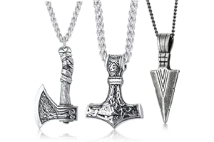 XUANPAI 3 Stück Nordischen Wikinger Schmuck Thors Hammer Nordischen Mjolnir Axt Anhänger Halskette Speerspitze Pfeilspitze Halskette für Männer Amulett Talisman Halsketten