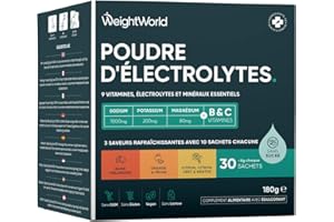 WEIGHTWORLD Electrolyte Poudre Vegan, Electrolyte sans Sucre, avec Vitamine C, B1,B3,B5,B9,B12, Magnesium, Potassium, Sodium 3 Saveurs : Baies, Citron Vert & Menthe, Orange & Pêche Sachets, Alternative Pastilles