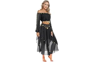 TTAO Costume Danse du Ventre Femme Robe Danse Orientale Haut de Dance Classique Manche Longue et Pantalon Déguisement Indienne Princesse Costume Carnaval Halloween