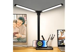 Qooltek Dual Swing Arm LED Desk Lamp with USB Charging Port, 5 Color Modes Dimmable Table Lamp with Pen Holder, Touch Control Desk Light for Home Office, Black
