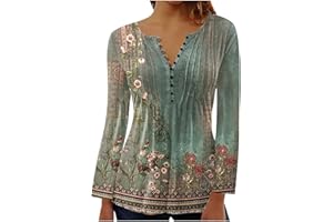 AMhomely Women's Blouses & Shirts T-Shirts for Women UK V Neck Button Down Shirts Flared 3/4 Sleeve Tunic Tops Vintage Floral Tops Plus Size Casual Longline Tops White Vest Tops for Women UK