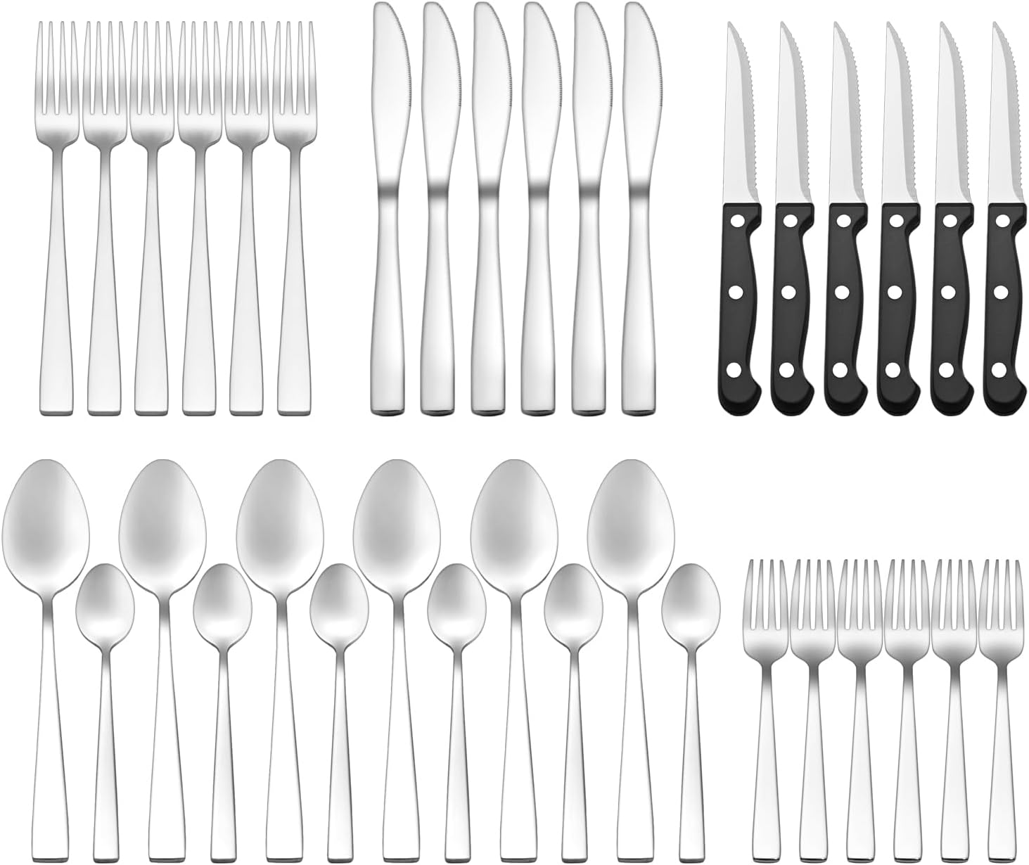 Cubiertos Acero Inoxidable 36 Piezas - Juego de Cubiertos para 6 Personas Cubertería Completa con Cuchillos de Carne, Cuchillos de Mesa, Tenedores y Cucharas - Diseño Moderno Apto Lavavajillas