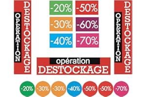 Affichesstore 30121 - Kit de 9 Affiches Papier Opération Destockage - 20% 30% 40% 50% 60% 70% & 315 Stickers - 20% 30% 40% 50% 70%