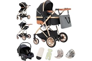 Gcarebb Poussette 3 en 1, Poussettes Citadines Avec Siège Auto, Poussette Canne Poignée Réglable en Hauteur, Poussettes Combinée Paysage Haut Cadre en Aluminium Convient Pour 0-3 Ans