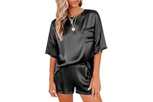 Ekouaer Satynowa piżama damska, krótka piżama, jedwabna bielizna nocna, top i szorty do spania, dwuczęściowa, z kieszenią