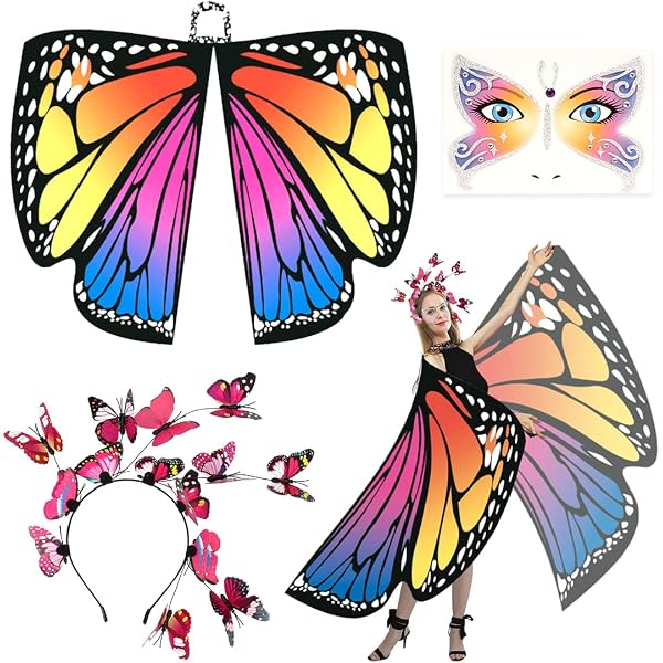 Bavokon 6 Set Papillon Adulte Cape,Fée Adulte Châle,Châle Papillon,Costume Papillon Adulte Costume Déguisement pour Fête Cosplay Carnaval MasMardi