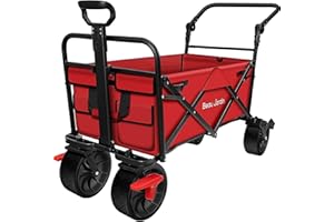 BEAU JARDIN Festival Trolley Folding Wagon with Brake Camping Trolley 220KG 150L Capacity Beach Trolley All Terrain Utility Transport Canvas Cart Portable Outdoor Picnic Garden Sport Shopping Red