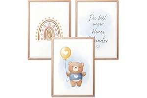 BIROYAL Set di 3 immagini per cameretta dei bambini, formato DIN A4, immagini da parete con scritta, arcobaleno, decorazione per la cameretta dei bambini, decorazione da parete di alta qualità,