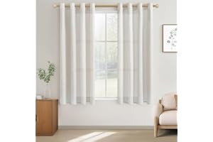 CUTEWIND Cortinas Lino Cortas para Ventanas 140x160 CM Cortina Dormitorio Juvenil Translucida 2 Piezas Cortinas y Visillos con Ojales para Salon Comedor Habitacion, Blanco Marfil