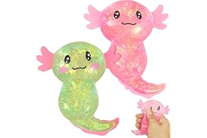 2 stycken Axolotl-leksaker, klämleksaker, anti-stressleksak, söt tecknad glittrande squishy-leksak, stressleksak för barn och