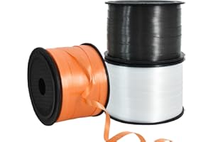 RIBBOOO 3 Rolls Geschenkband Laserband Schwarz&Weiß&Orange - 5mm Luftballons Band Geschenkverpackung für Weihnachtsdeko Ballonverschlüsse Geschenkverpackung Hochzeitsdeko (200 Yard Balloon Ribbon