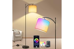 KingMile 1Pack Stehlampe Wohnzimmer,WiFi RGBCW LED Stehlampe Dimmbar mit Alexa und Google Home,9W Modern Schlafzimmer Leselampe 3 Farbtemperaturen Leinen Lampenschirm&Fu?schalter f¨¹r Wohnzimmer,156CM