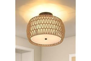 Rayofly Lámpara de Techo de Ratán Colgante, Lámpara de Techo Boho con Pantalla de Ratán, Lámpara de Techo Vintage, Lámpara de Cesta Boho Negra para Salón Dormitorio Cocina Pasillo