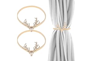 LARFRAECY Christmas Curtain Buckle 2PCS Adjustable Decorative Curtain Straps,No Drilling Spring Rope Curtain Tiebacks,Deer Head Curtain Tie Back,Curtain Clip Buckle for Curtain Decoration (Gold)