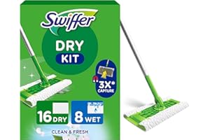 Swiffer Kit Complet Balai, 1 Balais, 16 Lingettes Sèches et 8 Lingettes Humides, Attrape Et Retient 3 Fois Plus De Poussière, Saleté Et Poils Qu’Un Balai Classique