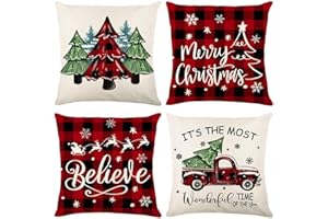 FengRise Christmas Cushions Covers Set of 4,Red Black Tartan Christmas Pillow Cases 45×45cm, Linen Throw Square Pillow Covers, Xmas Cushions Covers for Winter Sofa Couch Bedroom Home Xmas Decorations