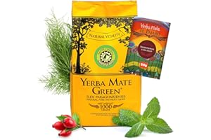 Yerba Mate Green Silueta 1000 g ● Leicht Süß und Sauer Mate Tee ● mit Minzblatt, Hagebutte ● Fenchelfrucht und Apfelaroma ● Hohe Qualität Großes Paket ● Mate Tee Loose leaf 1kg + El Pajaro 50g