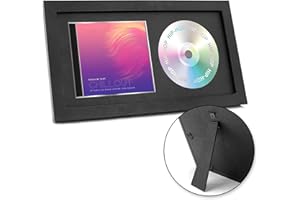 FramePro CD Musikrahmen Schaukasten Display 36,2x19,61 cm Disc und CD Box Echtglas mit Eva Schaum und Tischplatte Aufsteller Massivholz-Schwarz