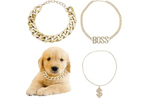 AMIJOUX 3 Pcs Gold Link Chain Dog Collar, Pet Puppy Dog Necklace with Crystal Dollar Sign, Dog Accessories With Boss Crystal Pendant Cool Pet Jewelry Doggies Costume Outfits Accessary