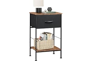 WLIVE Bedside Table, 2-Tier Bedside Cabinet with Fabric Storage Drawer, Steel Frame, Side Table for Living Room, Bed Side Table for Bedroom, Rustic Brown