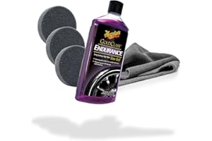 detailmate Meguiars Kit d'entretien pour pneus Endurance Tire Gel High Gloss 473 ml Lot de 3 tampons applicateurs Ø 90/22 mm + chiffon microfibre Edgeless GreyLow 380 g/m²