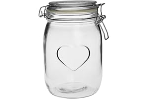 Nicola Spring Heart Shaped Glass Storage Jar with Airtight Clip Lid - 1000ml - 1 Pack - 4 Colour Seals - Kitchen Vintage Round Preserving Container for Pickling, Chutney, Jam, Coffee, Oats