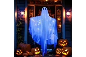 ALINILA Fantasmas Colgantes de Halloween Decoración: Fantasma Blanco de 1,2 m con Luz LED Azul - Manga de Viento Brillante para Decoración de Halloween para Jardín Aire Libre