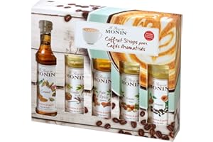 MONIN - Coffret Sirop MONIN - Saveurs Caramel/Vanille de Madagascar/Pain d'Epices/Noisette/Crème Brûlée- Pour Café, Chocolat Chaud, Capuccino ou Latte - Arômes Naturels - Bouteille en Verre - 5 x 5 cl