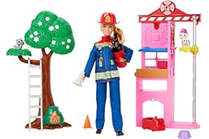 Barbie Careers Firefighter Doll & Playset with Fire Station & Tree, 2 Pets, Color-Change & 10+ Accessories Including Fire Extinguisher Squirt Toy, HRG55