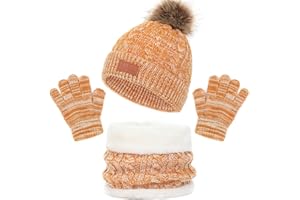 Baynetin Conjunto de Punto Sombrero Bufanda Guantes,3 en 1 Térmico Pompón Gorro Cálido Grueso Polar Tejido Bufanda Guantes para Niños Niñas 2-8 Años Deportes al Aire Libre Regalos