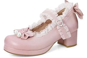 elerhythm Damen Mary Jane Plattform Chunky Block Heels Nettes Cosplay Kawaii Bow Lace Kleider Gekreuzt Runde Zehe Knöchelriemen Schuhe