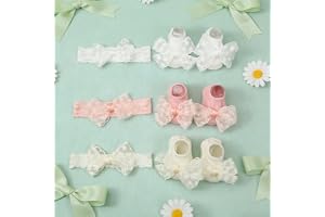 Baby Girls Headbands and Socks, Ribbon Bow Elastic, Non-Slip Grips, Newborns Infants Toddlers and Kids(Beige, Pink, White)
