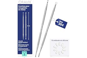 Oravix Curette pour Amygdales en Métal – Lot de 2 (18 cm), Kit Caseum Amygdale contre la Mauvaise Haleine, Kit Extraction Caseum avec 10 Embouts en Silicone