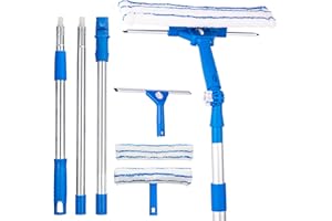 JUPPLIES Limpia Cristales Telescópico 150cm con Cabezal Ajustable 180º y Mango Extensible – Limpiador de Cristales con Paño de Microfibra y Rasqueta de Silicona – para Ventanas, Espejos y Ducha