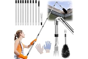 BWISUP Gutter Cleaner Kit 4M/13FT Telescopic Roof Gutter Cleaning Extension Tools with Adjustable Angle Pole Gutter Brush, Gutter Scoop for Removes Leaf Debris, Spider Webs from Villas, Ditch, Gardens