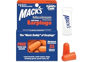Tapones para los oídos Mack's de espuma suave de máxima protección – 33 dB más alto NRR – Cómodos tapones para los oídos para dormir, ronquidos, conciertos fuertes, 10 Par