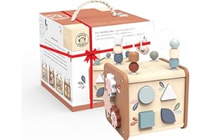 Speedy Monkey 5 in 1 Activity Cube - Amazing Montessori Toys for 1 Year Old - Toddler Toys with Bead Maze, Shape Sorter, Gears, Puzzle & More! FSC Certified Wood, Non Toxic Paint - 1 Year Old Boy Toys