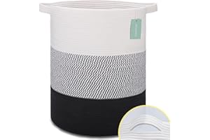 BOSROTY Large Laundry Hamper for Girls Boys Kids 72L, Nursery Hamper, Tall Laundry Basket, Cotton Rope Woven Blanket Basket for Storage Toys Clothes Towels, 40 x 55 CM, White & Gray & Black