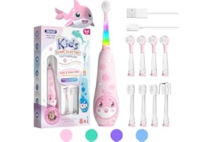 Seago Kids Electric Toothbrushes for 0-6 with Colorful LED Light, 2 Mins Smart Timer, 8 Soft Toothbrush Heads, Magnetic Charging for 60 Days Use, IPX7 Waterproof, for Boys Girls, SG-2139(Pink)
