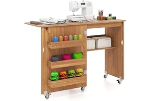 RELAX4LIFE Table de Couture Pliable avec Grand Plateau, 3 Compartiments, Étagère de Rangement, Meuble Gain de Place à roulettes pour Aiguilles, Fils et Ciseaux(Naturel)