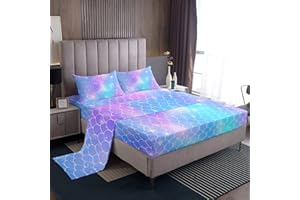 Loussiesd Mermaid Scale Sheet Set King Size Kids Fish Scales Bedding Set Princess Style Glitter Ocean Marine Bed Sheet Set for Girls Children Teens Sheets Luxury Fanstry 4 Piece