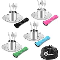 Odoland Campingbesteck Set Outdoor Reisebesteck aus Edelstahl Klappbesteck mit Neoprenhülle Teller Tasse ideal für…