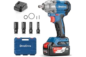 Dong Cheng 20V Cordless Impact Wrench, Max Torque 488N.m (360 ft-lbs), 1/2 inch with 3 Mode Speed, 2400 RPM Brushless Impact Gun, Includes 4.0Ah Battery, Charger, 4 Impact Sockets and Storage Box