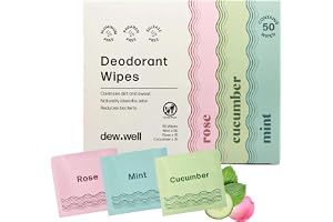 Dew Well Uppfriskande deodorantservetter, en ny start när du är på språng, inget aluminium, blandade paket (mint, ros och gurka) 50 stycken individuellt inslagna våtservetter